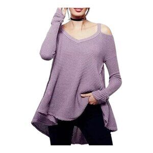 Free People Moonshine Tunic Top Waffle Knit Cotton Purple Cold Shoulder Size L